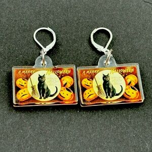 Halloween black cat earrings, spooky black cat jewelry, retro scaredy cat